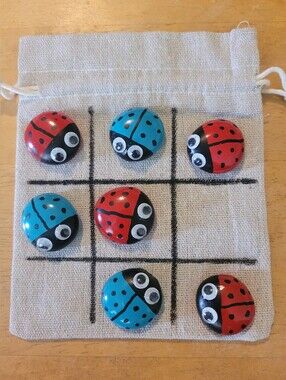 Hand Crafted Red and Blue Ladybug Tic Tac Toe Set